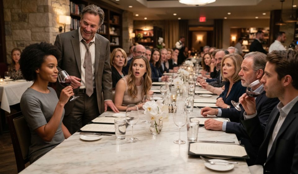 Emma calmly sips wine at her mother's birthday dinner as Uncle Tom speaks and her surprised family looks toward her.