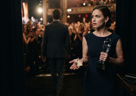Madison holding her award and a mysterious brass key after leaving the stage while a man in a charcoal suit disappears into the crowd.