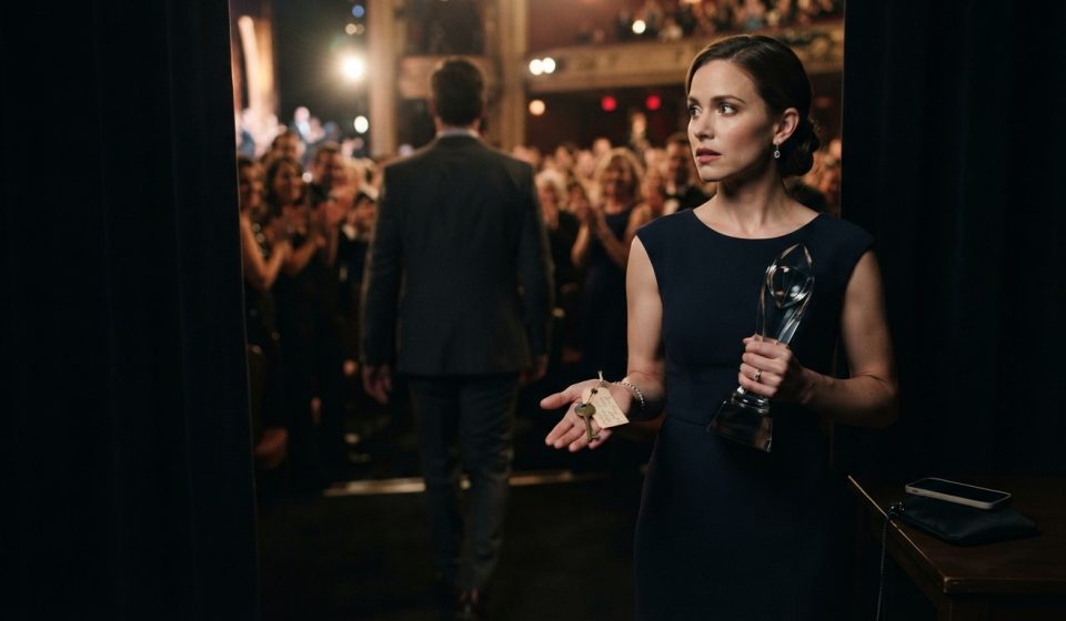 Madison holding her award and a mysterious brass key after leaving the stage while a man in a charcoal suit disappears into the crowd.
