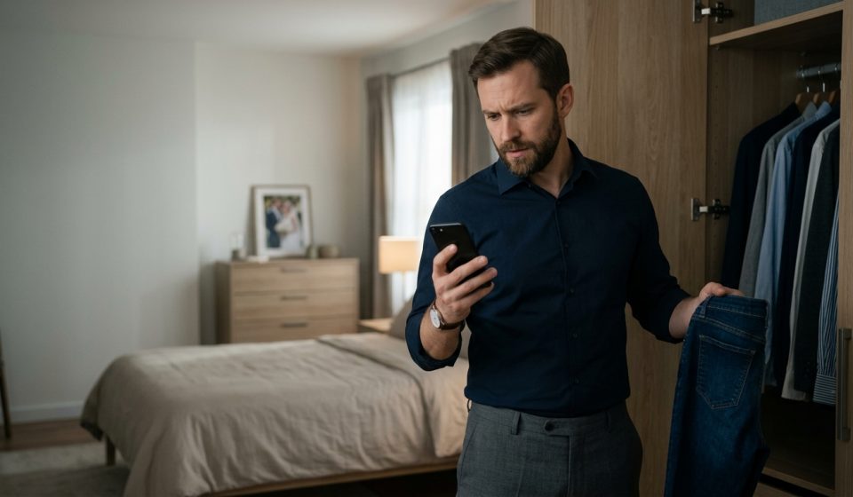 Successful 30-year-old man listening skeptically as his controlling father gives him marriage and family advice in their polished family home.