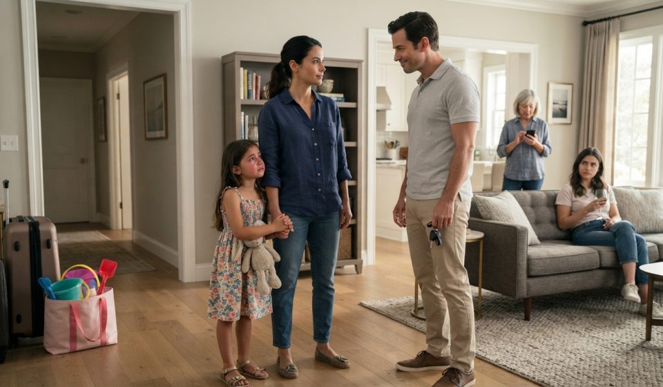 A mother protecting her young daughter during a tense family argument about whether the child belongs at the beach house.