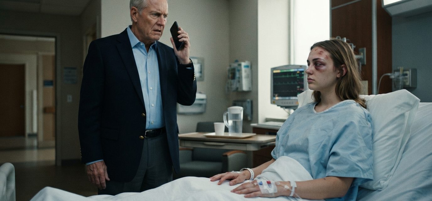 A 23-year-old woman recovering in a hospital bed while her shocked grandfather stands beside her holding a phone after receiving an unexpected call.