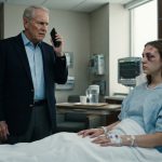 A 23-year-old woman recovering in a hospital bed while her shocked grandfather stands beside her holding a phone after receiving an unexpected call.