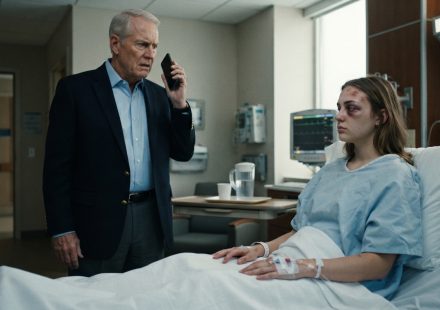 A 23-year-old woman recovering in a hospital bed while her shocked grandfather stands beside her holding a phone after receiving an unexpected call.