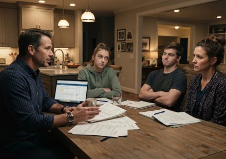 A stepfather discusses college costs with his two teenage stepchildren and their mother around the family kitchen table.
