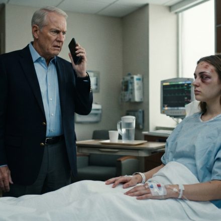 A 23-year-old woman recovering in a hospital bed while her shocked grandfather stands beside her holding a phone after receiving an unexpected call.