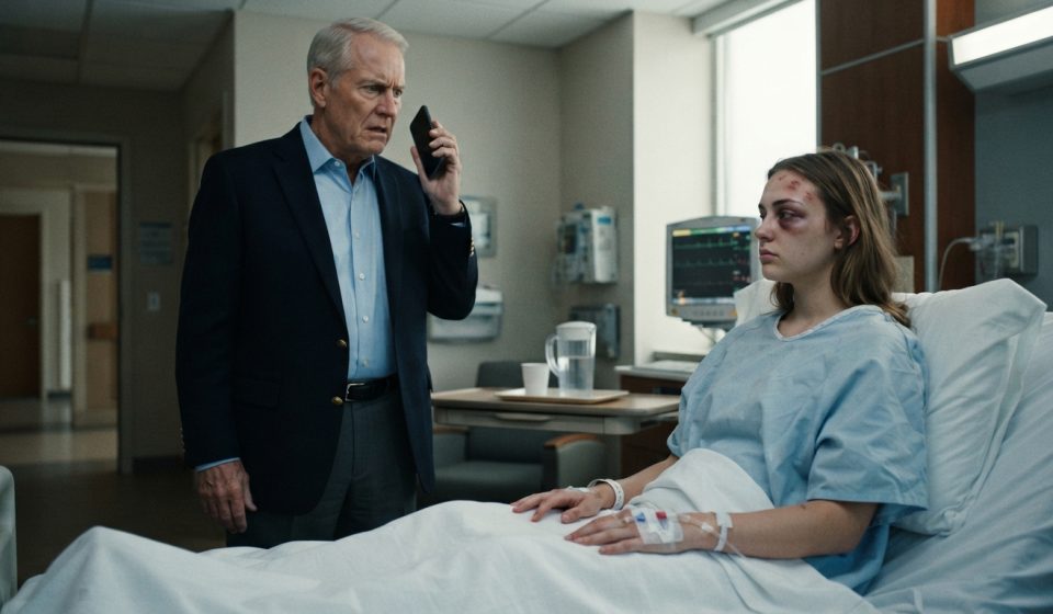 A 23-year-old woman recovering in a hospital bed while her shocked grandfather stands beside her holding a phone after receiving an unexpected call.