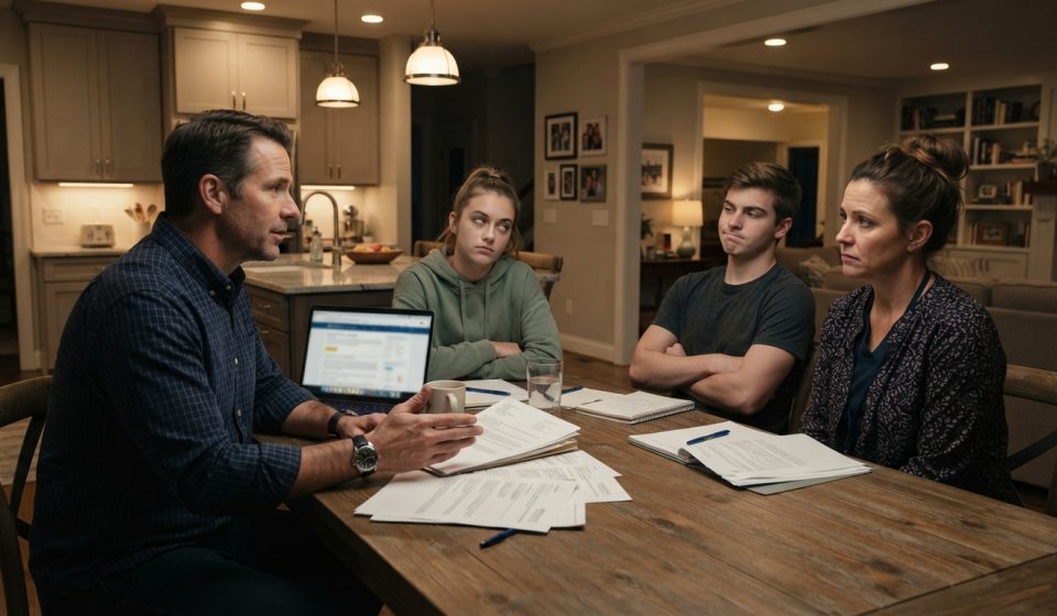 A stepfather discusses college costs with his two teenage stepchildren and their mother around the family kitchen table.