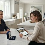 A modestly dressed widow sits across from her daughter-in-law reviewing a luxury France trip on an iPad while her uncomfortable son stands nearby.