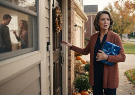 A grandmother holding a blue birthday present overhears her daughter-in-law through an open window before her grandson's birthday party.