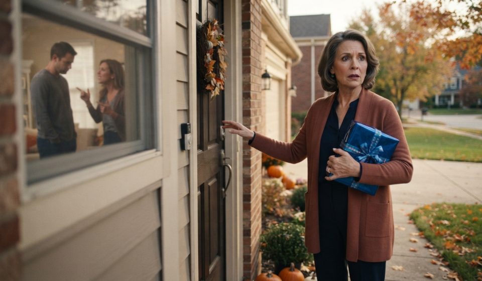 A grandmother holding a blue birthday present overhears her daughter-in-law through an open window before her grandson's birthday party.
