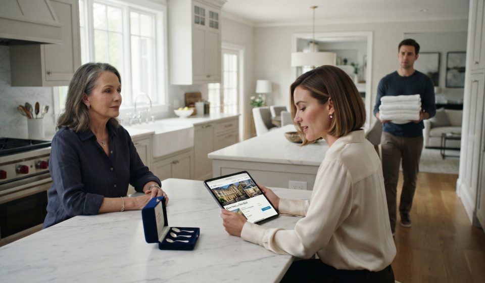 A modestly dressed widow sits across from her daughter-in-law reviewing a luxury France trip on an iPad while her uncomfortable son stands nearby.