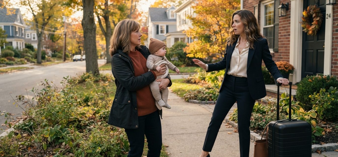 A professional woman returning from a business trip looks shocked as her neighbor unexpectedly presents her with a baby outside her home.
