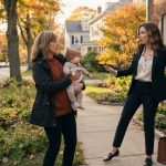 A professional woman returning from a business trip looks shocked as her neighbor unexpectedly presents her with a baby outside her home.