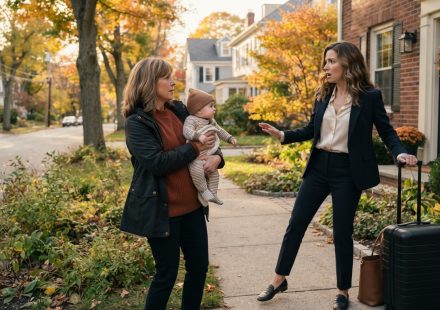 A professional woman returning from a business trip looks shocked as her neighbor unexpectedly presents her with a baby outside her home.