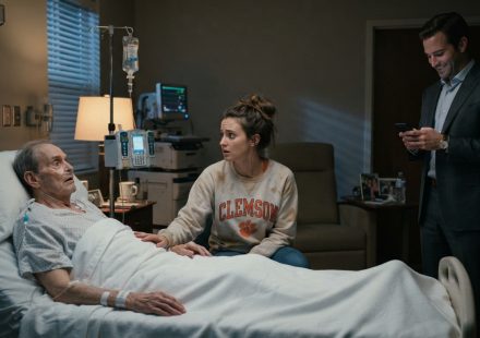 A daughter watches her dying father open his eyes in a hospice room while her wealthy brother stands nearby checking his phone.