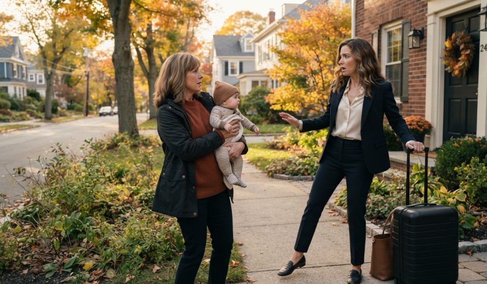 A professional woman returning from a business trip looks shocked as her neighbor unexpectedly presents her with a baby outside her home.