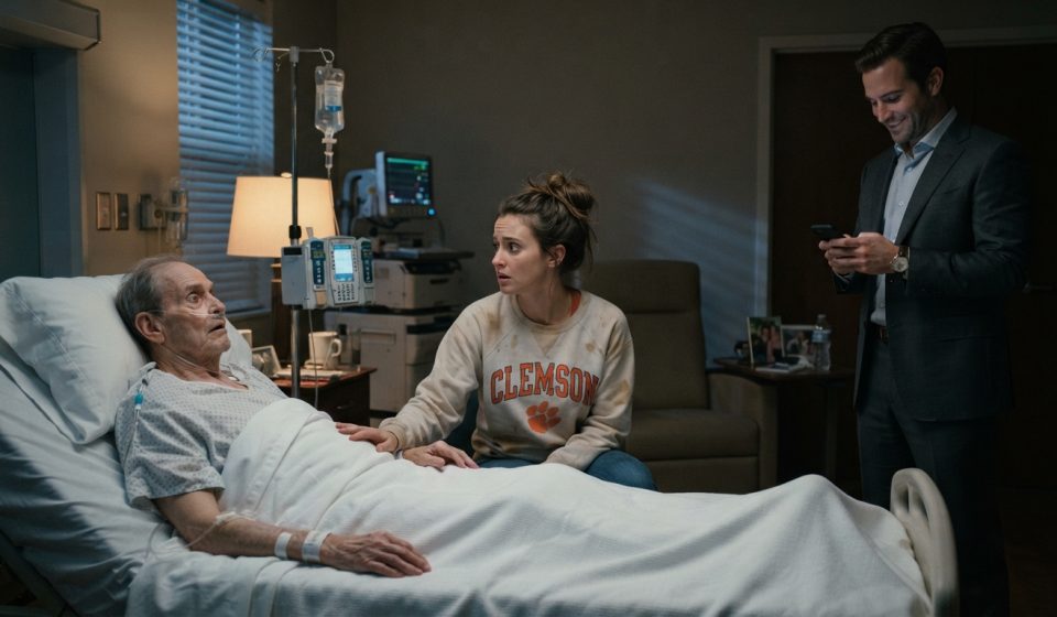 A daughter watches her dying father open his eyes in a hospice room while her wealthy brother stands nearby checking his phone.