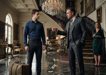 A wealthy father throws dollar bills at his 22-year-old son standing with a suitcase inside an extravagant family mansion.
