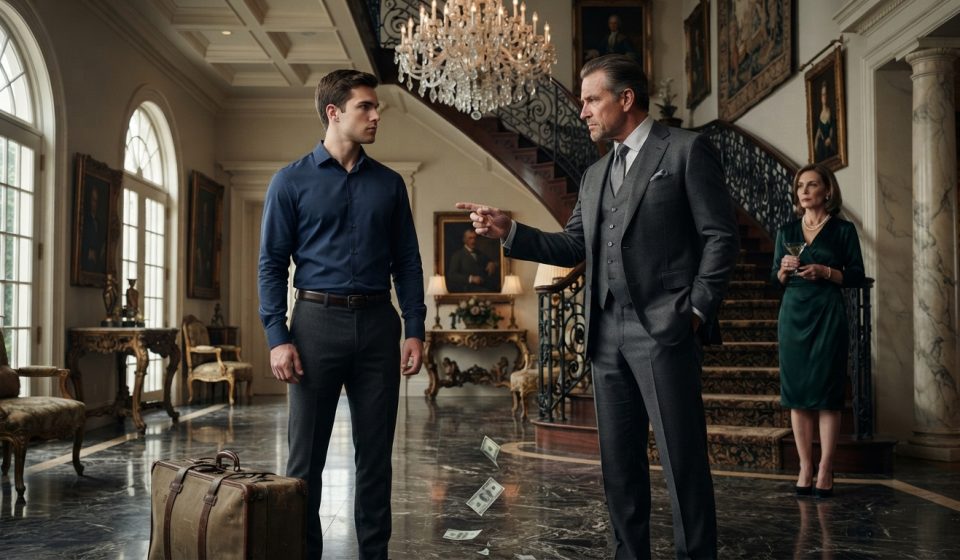 A wealthy father throws dollar bills at his 22-year-old son standing with a suitcase inside an extravagant family mansion.