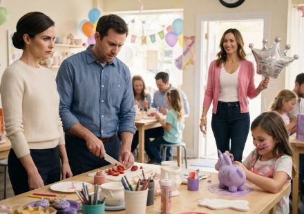 Husband's affair partner at birthday party entering a pottery studio with a silver crown balloon while Violet watches her husband react.
