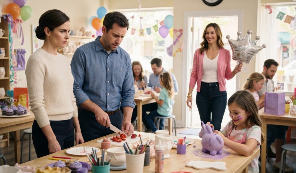 Husband's affair partner at birthday party entering a pottery studio with a silver crown balloon while Violet watches her husband react.
