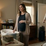 A full-term pregnant wife watching her husband pack a suitcase for vacation just days before their baby's due date.