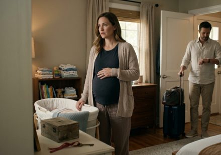 A full-term pregnant wife watching her husband pack a suitcase for vacation just days before their baby's due date.