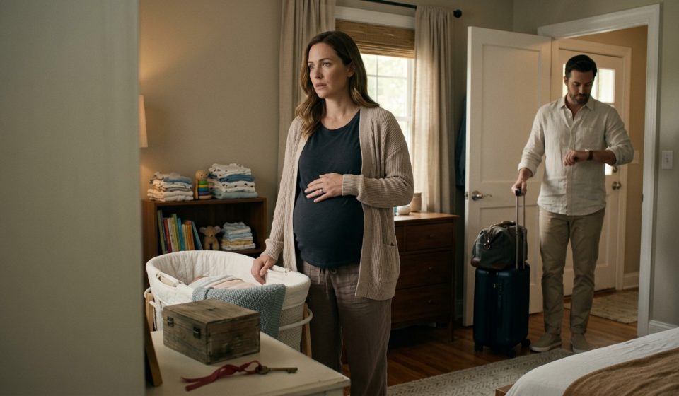 A full-term pregnant wife watching her husband pack a suitcase for vacation just days before their baby's due date.