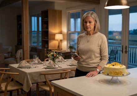 A 68-year-old mother sitting alone beside a prepared cake and dinner after her son skipped my housewarming celebration.
