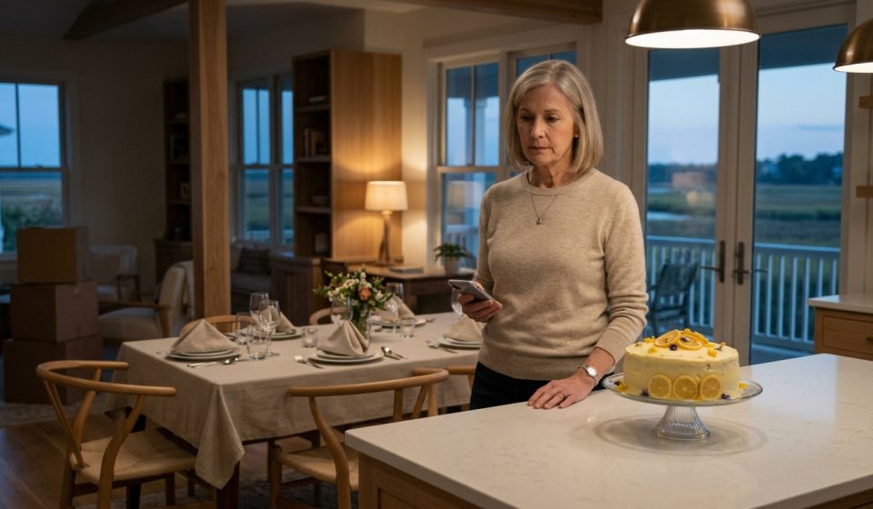 A 68-year-old mother sitting alone beside a prepared cake and dinner after her son skipped my housewarming celebration.