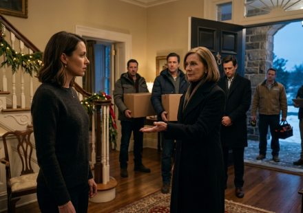 Mother-in-law demanding the keys at the front door on Christmas Eve while family members carry moving boxes into the house.