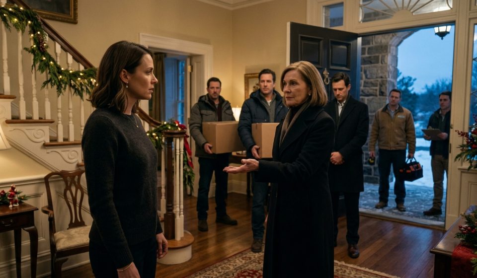 Mother-in-law demanding the keys at the front door on Christmas Eve while family members carry moving boxes into the house.