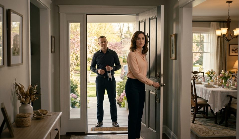 A woman faces her uninvited brother holding a bottle of wine at the front door of her Easter-decorated family home.