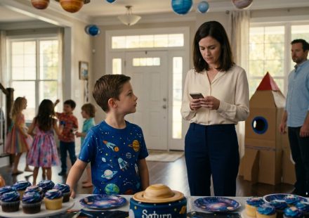 A mother comforts her young son at his space-themed birthday celebration as he waits for his grandparents to arrive.