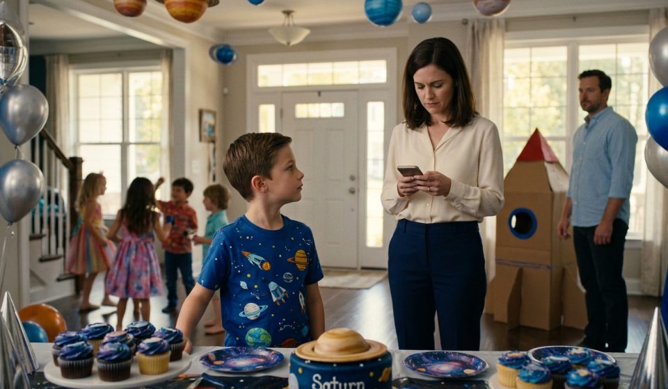 A mother comforts her young son at his space-themed birthday celebration as he waits for his grandparents to arrive.
