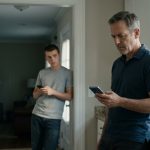 A worried father examines his smartphone beside a wallet and credit card in his kitchen after discovering an $18,000 charge on my credit card.