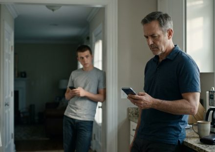 A worried father examines his smartphone beside a wallet and credit card in his kitchen after discovering an $18,000 charge on my credit card.
