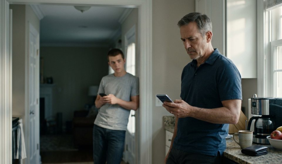 A worried father examines his smartphone beside a wallet and credit card in his kitchen after discovering an $18,000 charge on my credit card.