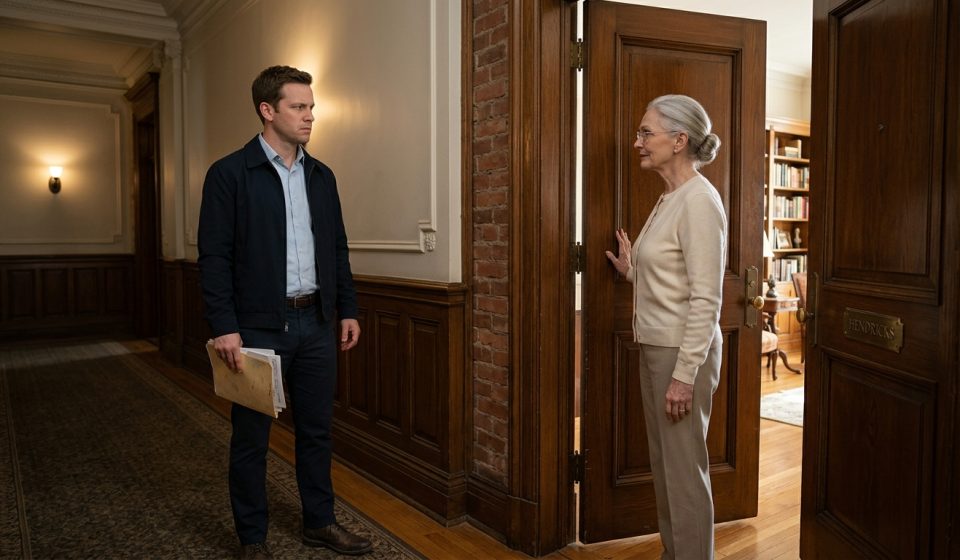 Carter Fisher standing outside his inherited apartment building with property manager Linda Benson as they discuss a mysterious tenant.