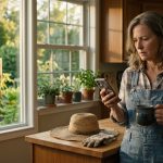 A 53-year-old mother in denim gardening overalls and a straw hat stands in her kitchen, looking shocked as she discovers a humiliating video on her phone.
