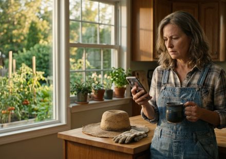 A 53-year-old mother in denim gardening overalls and a straw hat stands in her kitchen, looking shocked as she discovers a humiliating video on her phone.
