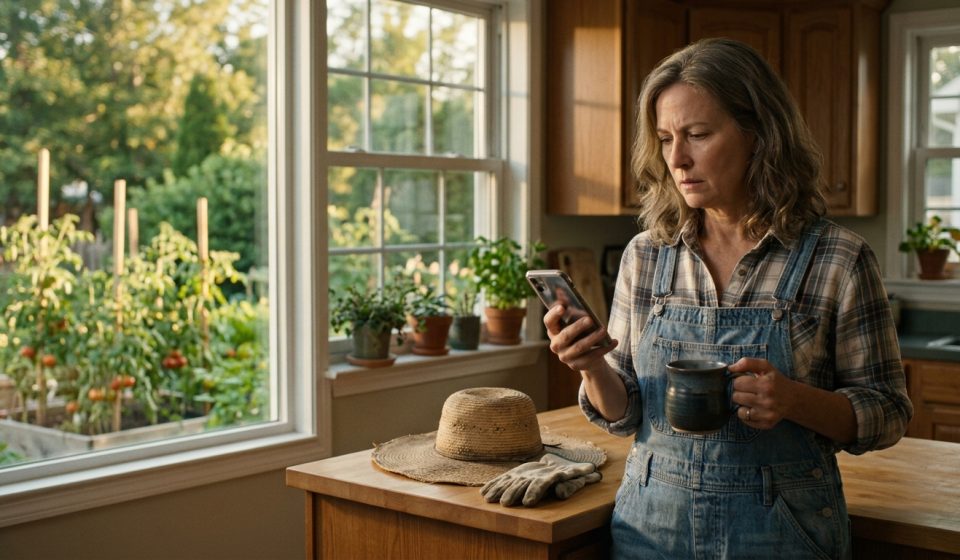 A 53-year-old mother in denim gardening overalls and a straw hat stands in her kitchen, looking shocked as she discovers a humiliating video on her phone.
