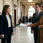 A concerned mother holding her young son's hand as her ex-husband's girlfriend presents a suspicious custody document in a courthouse hallway.