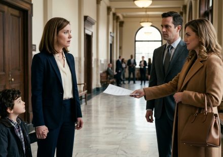 A concerned mother holding her young son's hand as her ex-husband's girlfriend presents a suspicious custody document in a courthouse hallway.