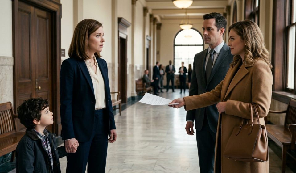 A concerned mother holding her young son's hand as her ex-husband's girlfriend presents a suspicious custody document in a courthouse hallway.