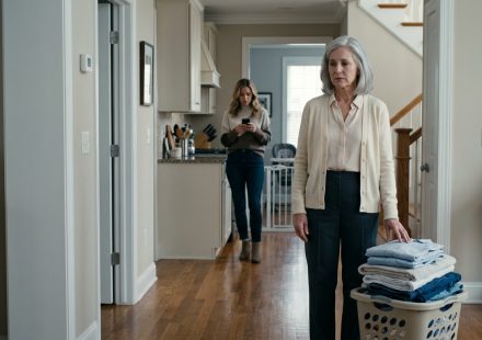 A 66-year-old mother stands beside a laundry basket in her daughter's hallway while her daughter, wearing workout clothes, confronts her impatiently.