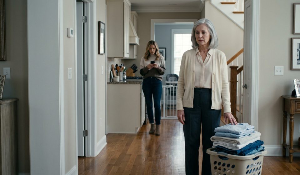 A 66-year-old mother stands beside a laundry basket in her daughter's hallway while her daughter, wearing workout clothes, confronts her impatiently.
