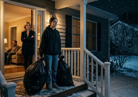 A teenage girl holding two black garbage bags outside her family home on a snowy night while her stepmother stands in the doorway and her father remains inside.