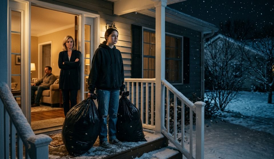 A teenage girl holding two black garbage bags outside her family home on a snowy night while her stepmother stands in the doorway and her father remains inside.
